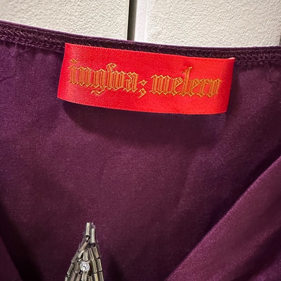 Ingwa Melero Bordeaux Wine Butterfly Sleeve Low-Cut Beaded Detail Silk Top Large - Picture 5 of 8